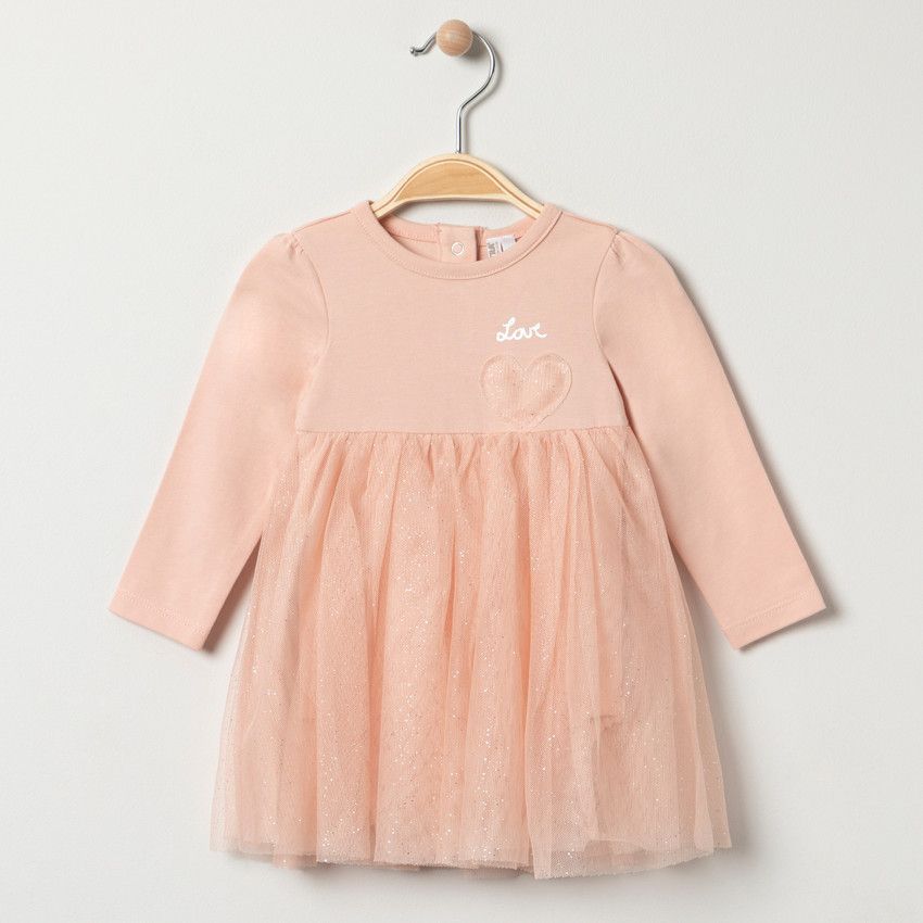Robe body manche longues effet 2 en 1 avec tulle pailleté - Rose
