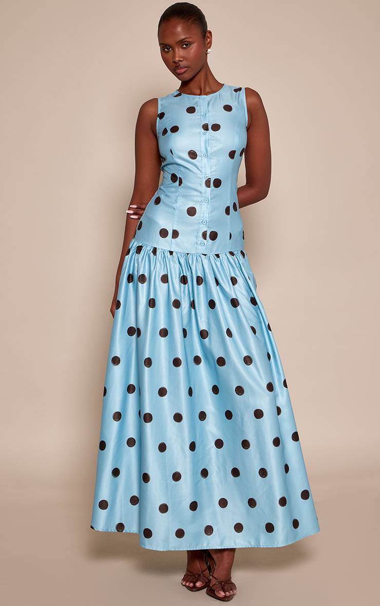 Bleu Robe Longue Taille Basse Boutonnée À Pois