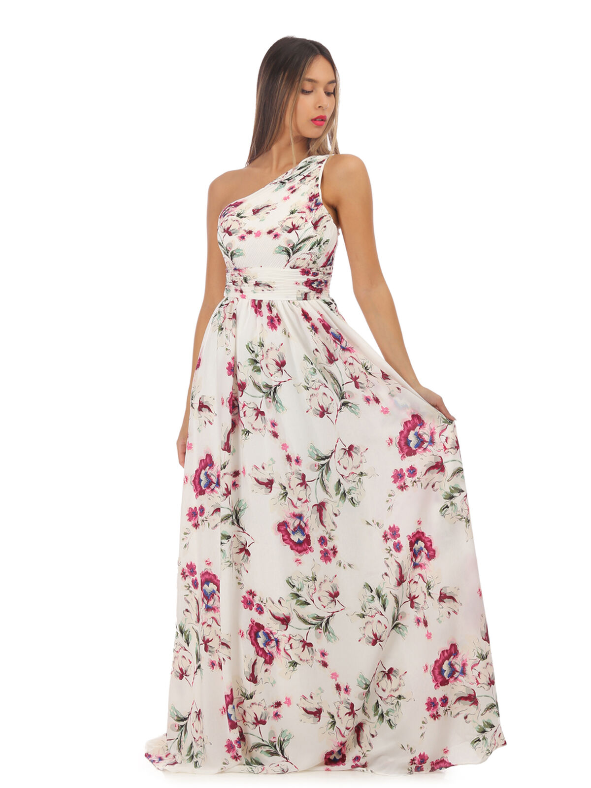 Robe longue asymétrique fleurie- Blanc