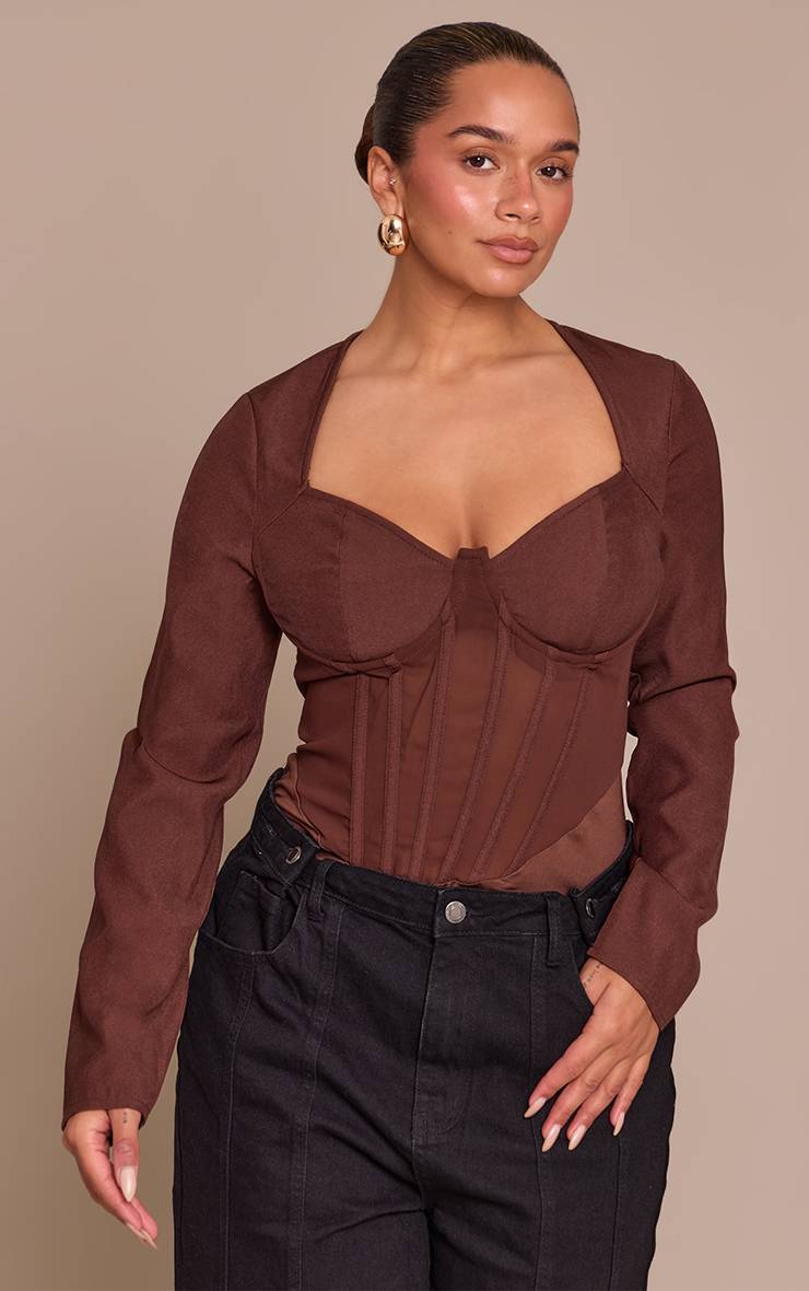 Chocolat Body Corset Manches Longues En Mesh Shape