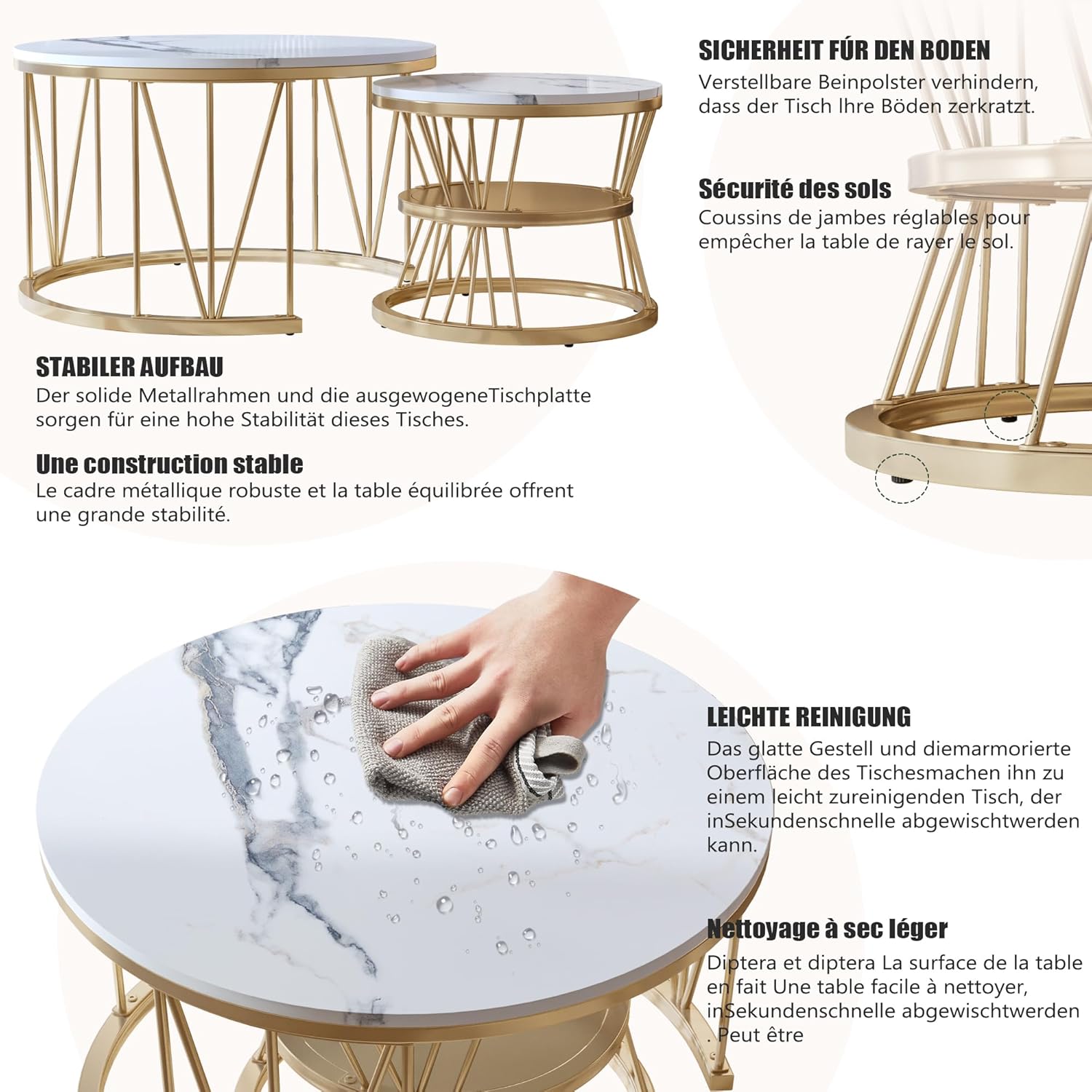 Couchtisch Rund 2er Set,Wohnzimmertisch mit Stauraum,Marmoroptik und Metallgestell,Beistelltisch,für Wohnzimmer,Balkon (Gold-4)