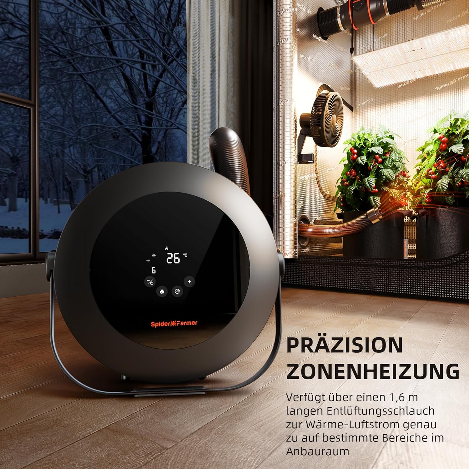 Spider Farmer Heizlüfter,540W Heizung Intelligente Temperaturregelung Energiesparend Leise,4 Modi und 24 Std. Timer, 10-PTC Heizung und Lüftungsrohr, Geeignet für Pflanzenräume und Growzelte