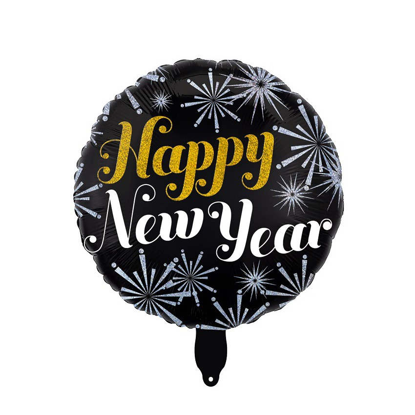 (50er Set) Silvester Party Deko Folien Ballon Happy New Year Luftballon - Schwarz / Silber / Gold