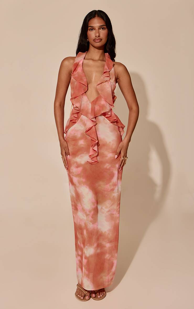 Orange Robe Maxi En Mousseline À Imprimé Abstrait Avec Décolleté Plongeant Et Détail De Volants