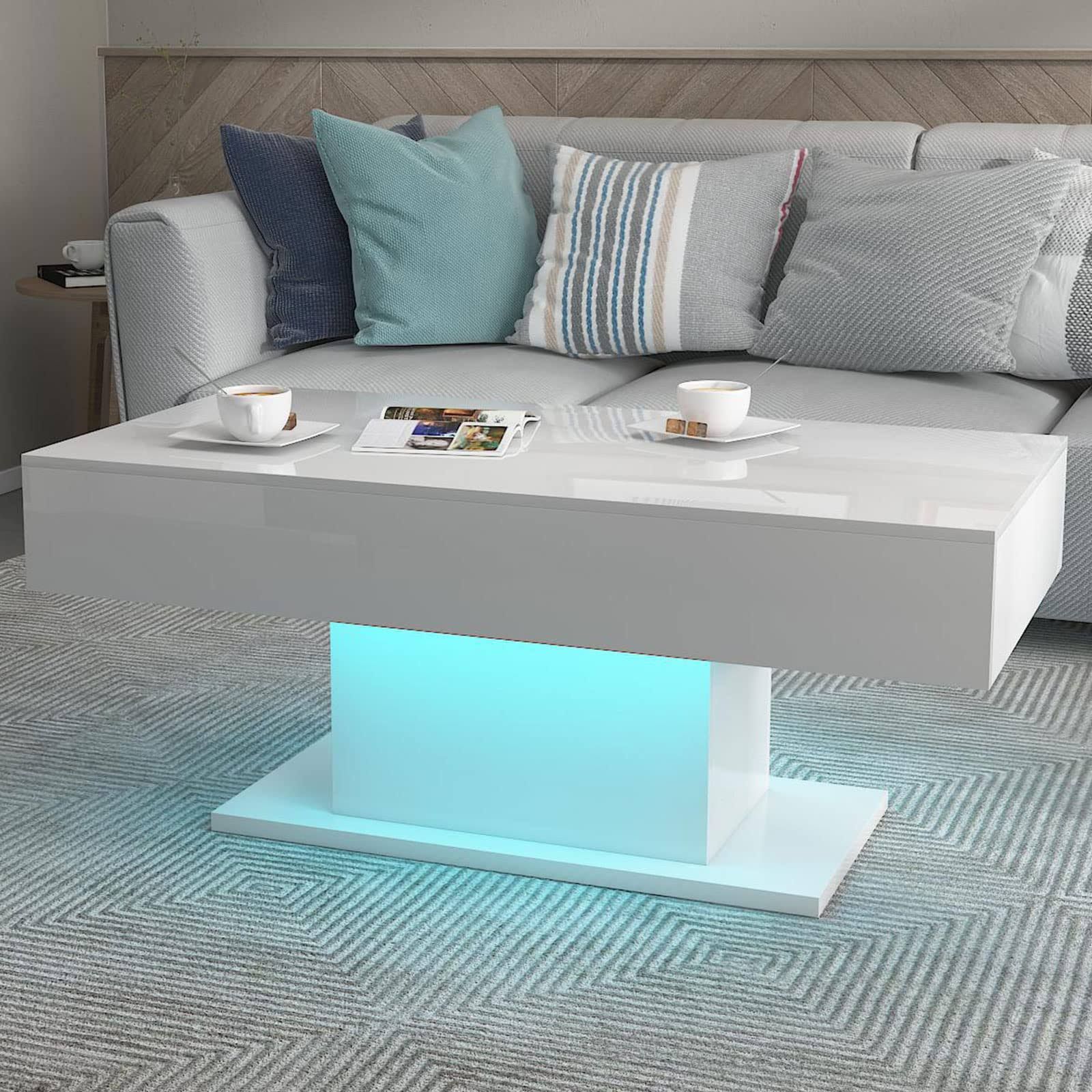 KEEPREAPER Couchtisch Wohnzimmertisch Hochglanz, Sofatisch mit LED Bel