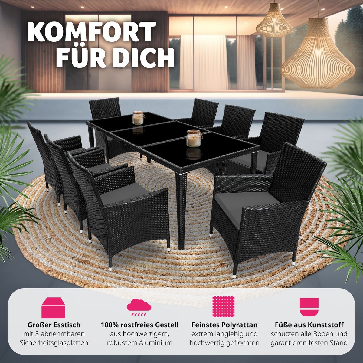 Rotan zitgroep tectake Menorca met aluminium frame, 2 sets hoezen, inclusief beschermhoes