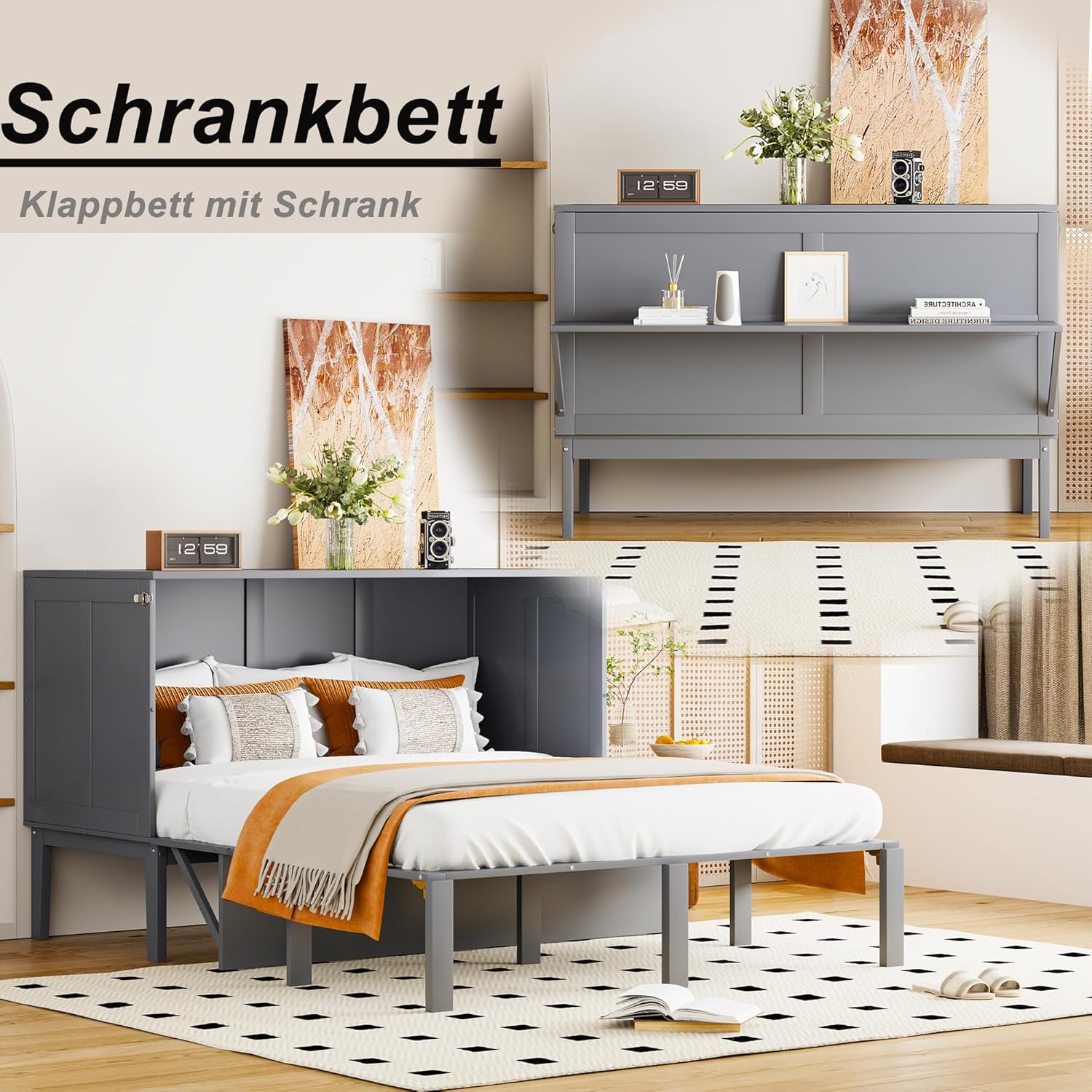 Merax Schrankbett 140 x 200 cm, Klappbett mit Lattenrost, Wandbett für Jugend Erwachsene, Grau (Ohne Matratze)