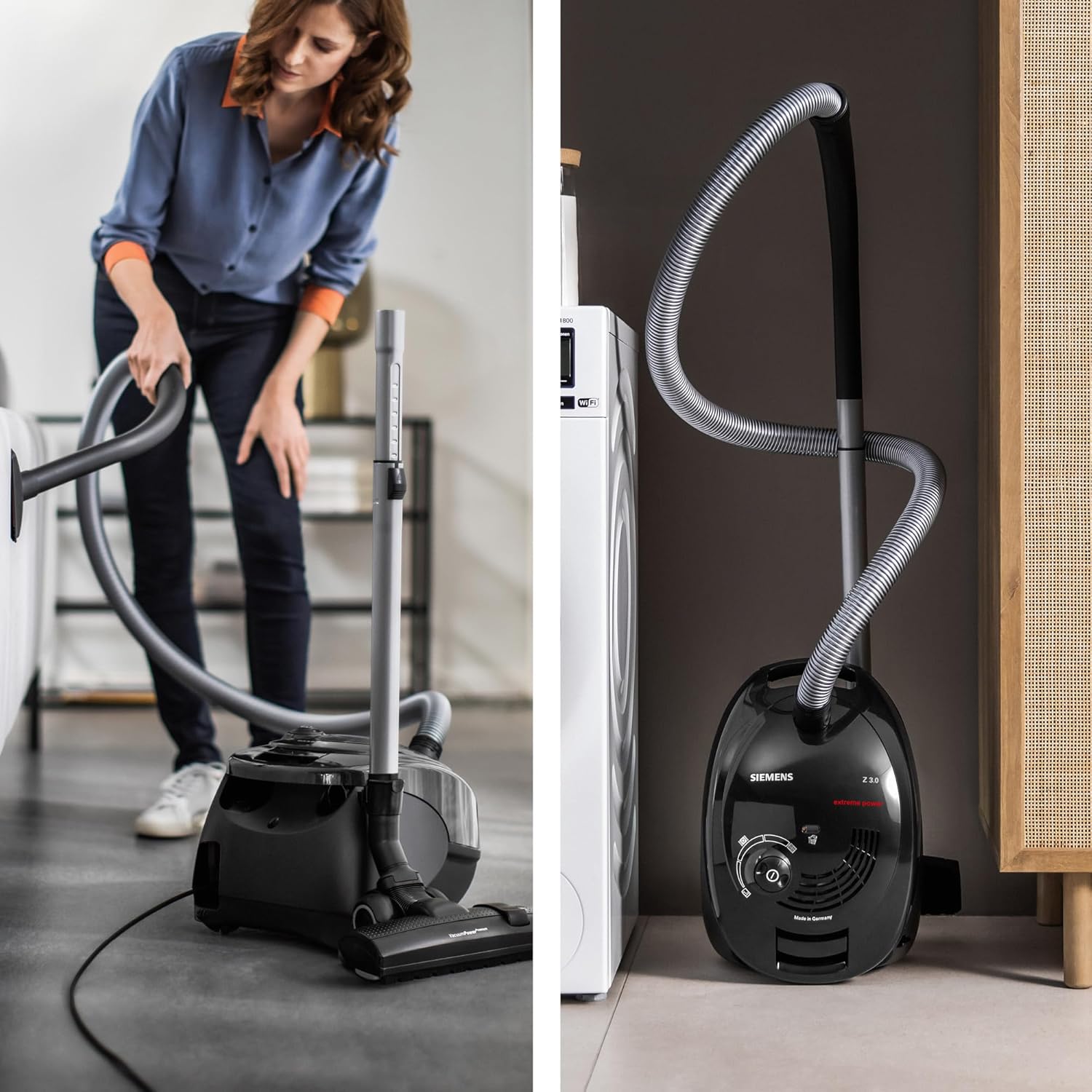 Siemens Staubsauger mit Beutel Z 3.0 extreme power VSZ3XTRM11, Bodenstaubsauger, XXL-Polsterdüse ideal für Tierhaare, Bodendüse für Parkett, Teppich, Fliesen, niedriger Stromverbrauch, 850 W, schwarz