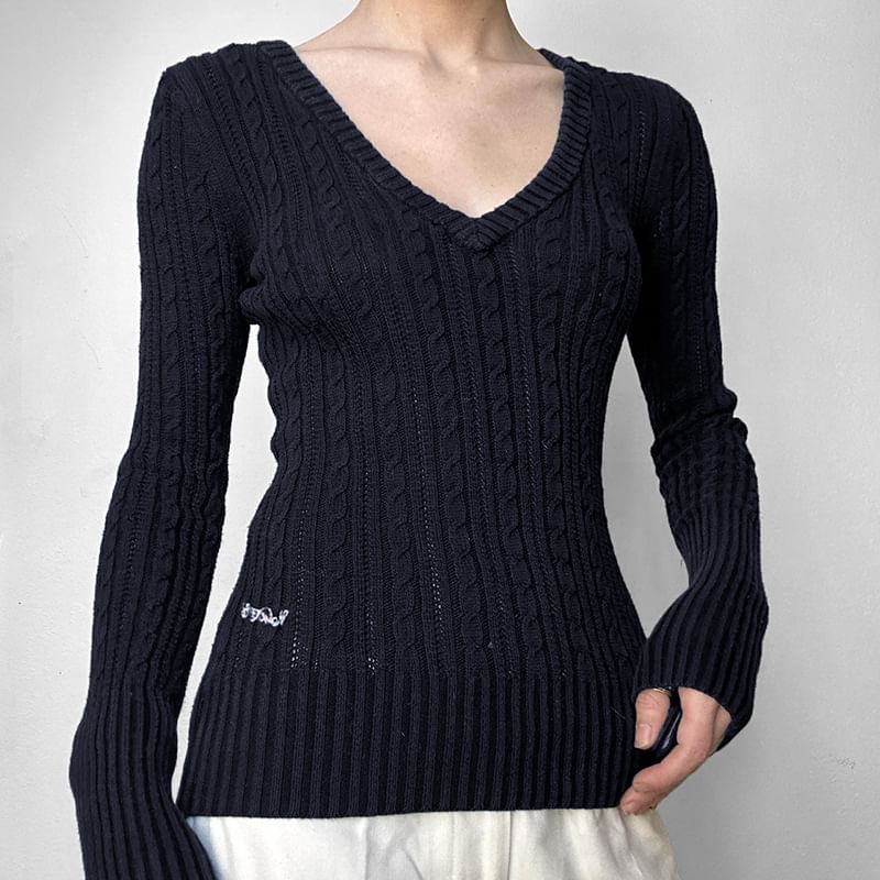 Honet - Lange mouwen V-hals met letterprint, kabelgebreide, slim-fit top