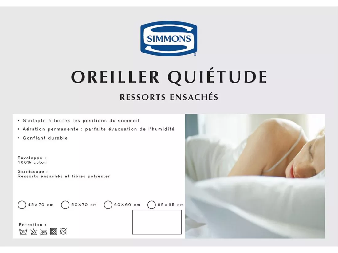 Oreiller Simmons Quiétude ressorts ensachés 60x60