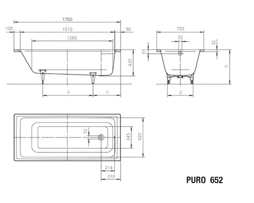 KALDEWEI PURO 652 badkuip, 75 x 170 cm, alpine wit, glanzend, 256200010001