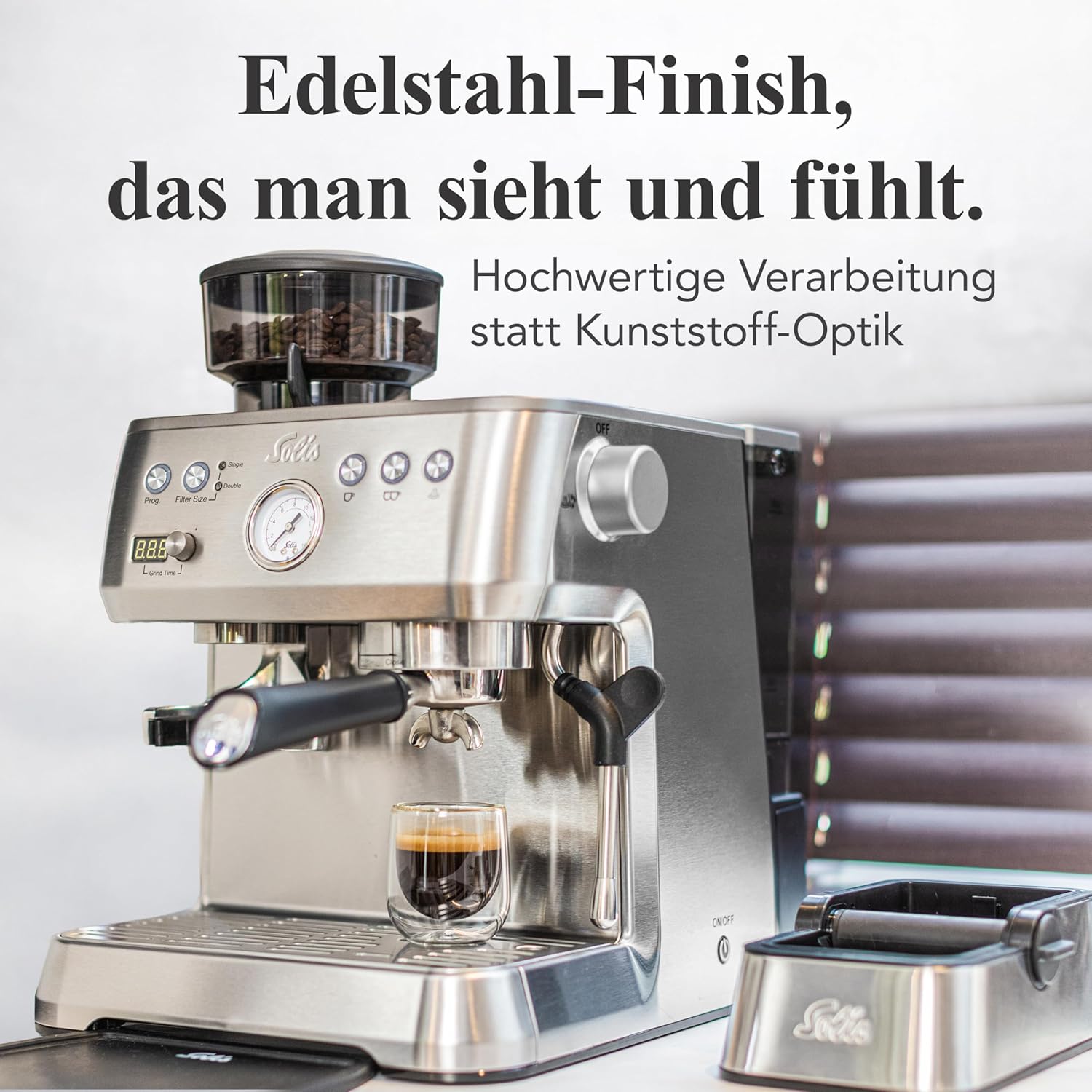 Solis Grind & Infuse Perfetta 1019 Siebträgermaschine - Kaffeemaschine mit Mahlwerk - Integrierte Zero Static Kaffeemühle - Espressomaschine mit Dampf- und Heißwasserfunktion - Edelstahl