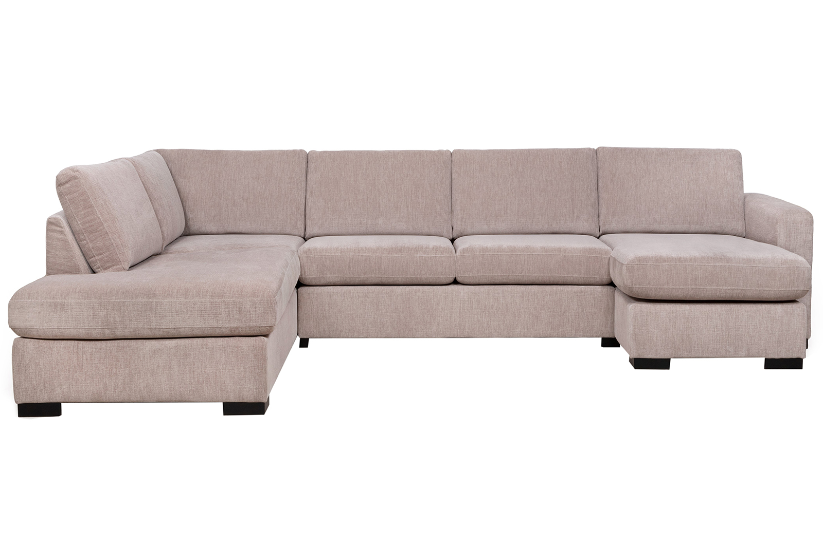 Pixel U-sofa Åpen ende venstre, hjørne, 2-seter og sjeselong høyre i tekstil Daisy 01 Beige med lav front, sorte treben W02 og arm A15. Komfort 2 puter.