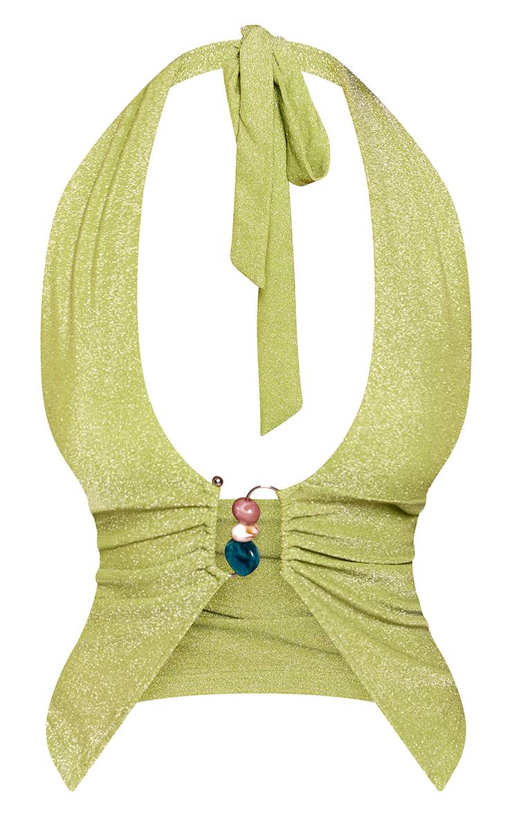 Vert Haut Échancré À Col Licou Avec Détails De Finition Pailletée Jaune Pâle Moulant