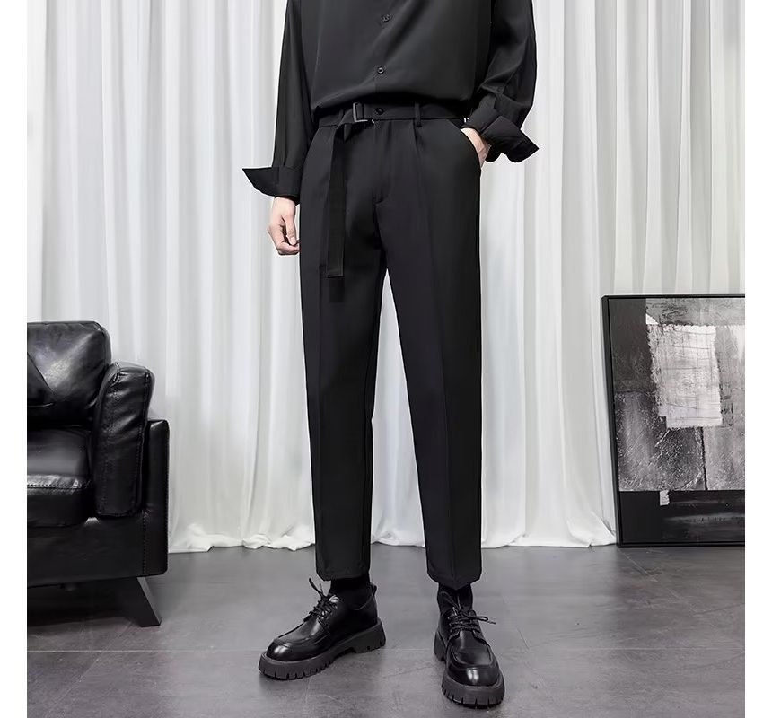 Wewewow - Mid Rise Plain Buckled Cropped Tapered Dress Pants