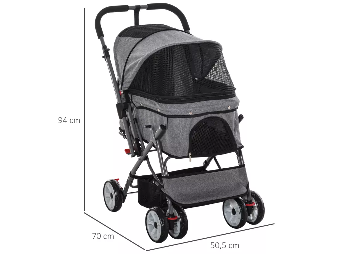 Poussette buggy pliable chien chat panier et sac de rangement attaches sécurité housse réglable poignée réversible acier Oxford gris chiné noir