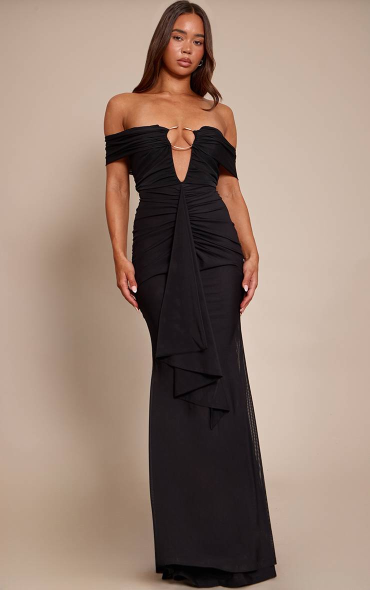 Noir Robe Longue Sirène Plt Label Avec Détails En Mesh Et Bordure