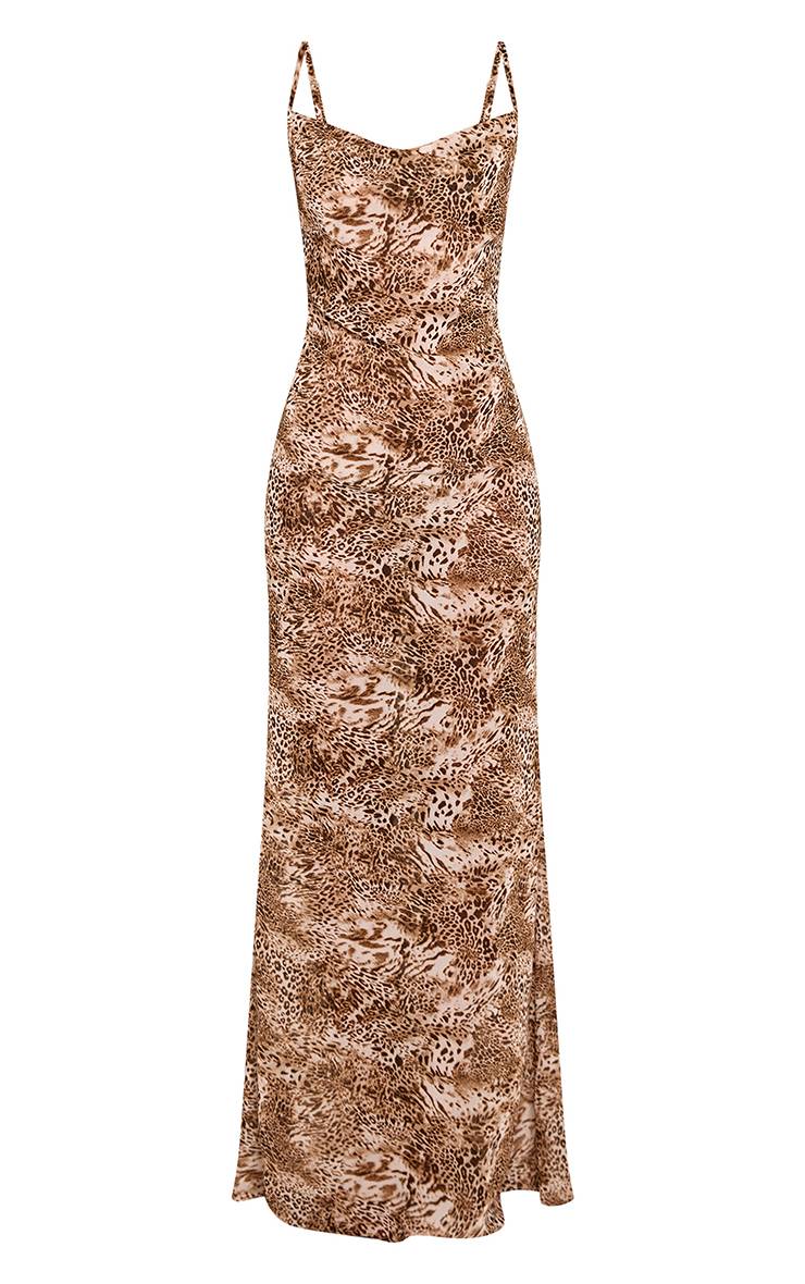 Marron Robe Longue À Imprimé Animal En Mousseline Avec Encolure Drapée