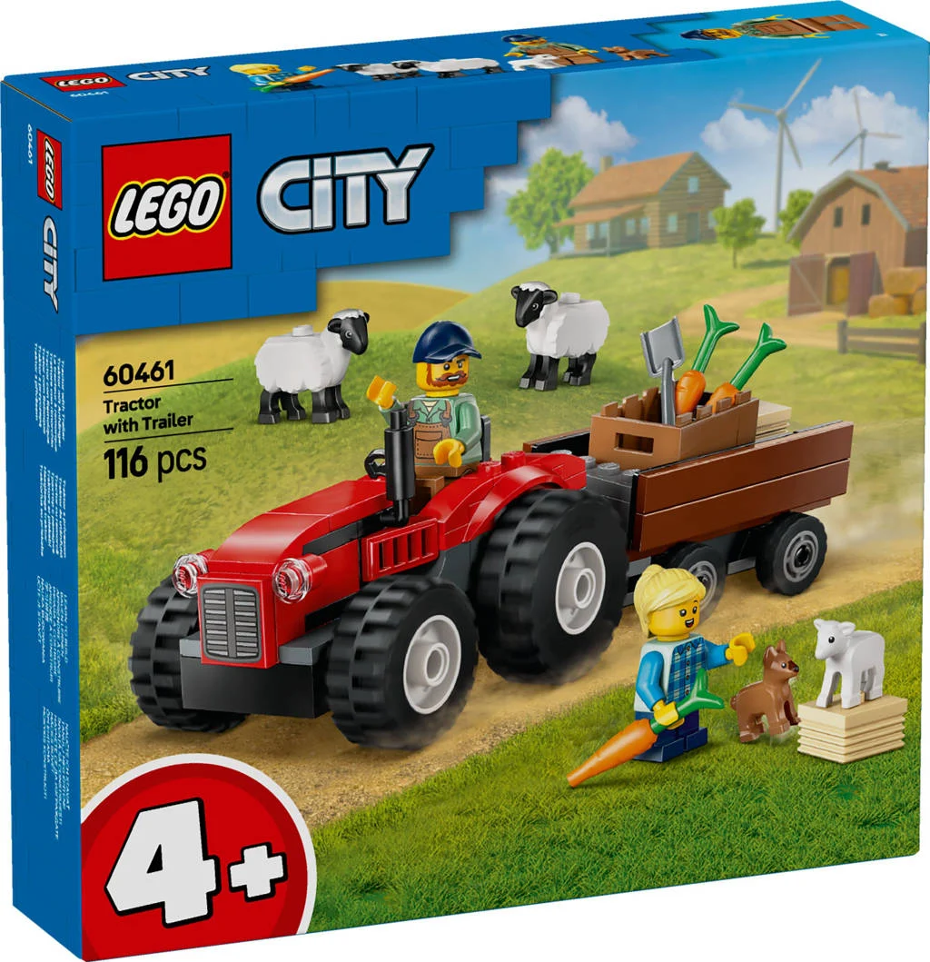 Rode tractor met aanhanger en schapen 60461