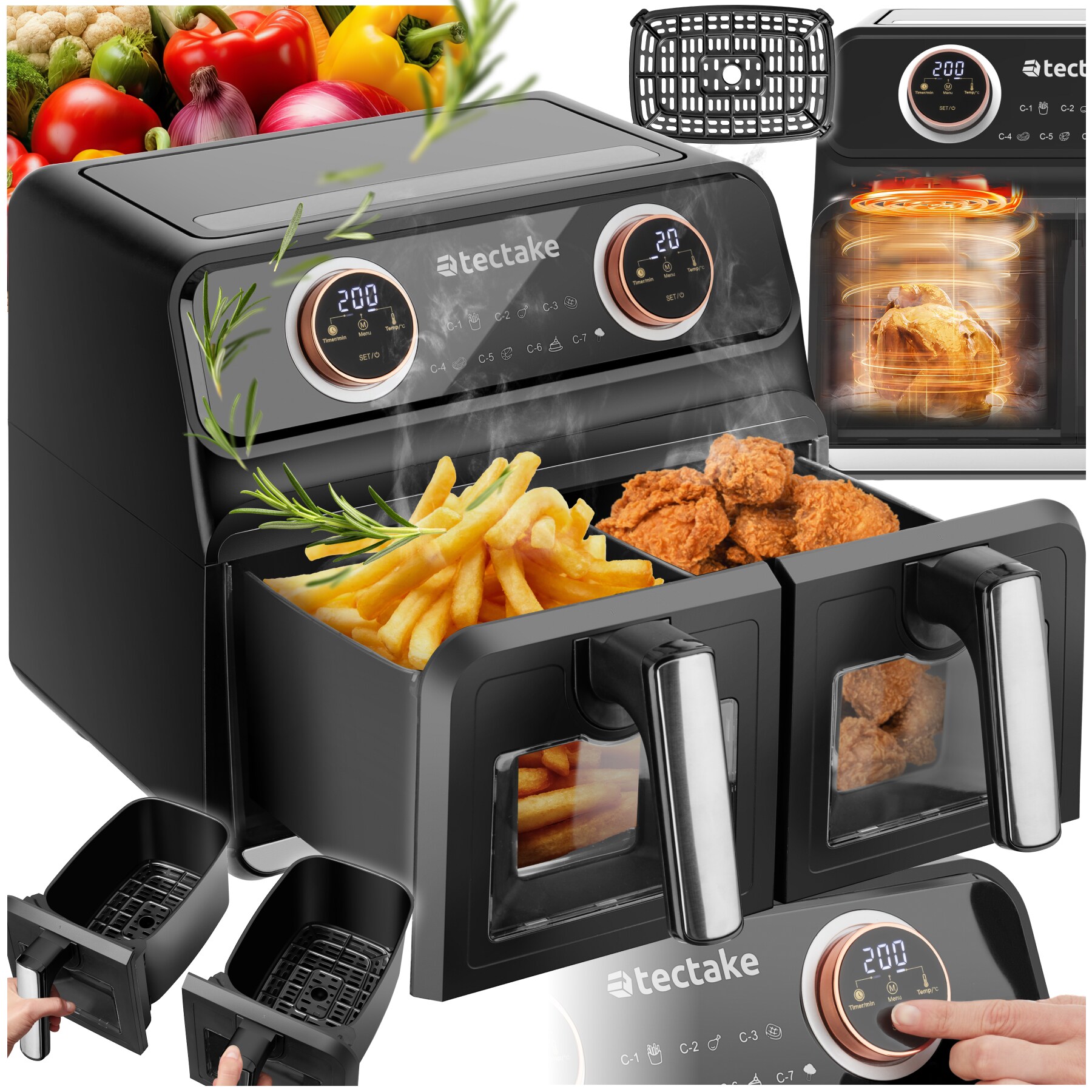 tectake® Heißluftfritteuse , 2 Garräume, je 4 l, 2400 W, individuelle Zeit- und Temperaturregelung je Kammer, 37,5 x 39 x 31,5 cm GS-Zertifikat, inklusive Rezeptheft