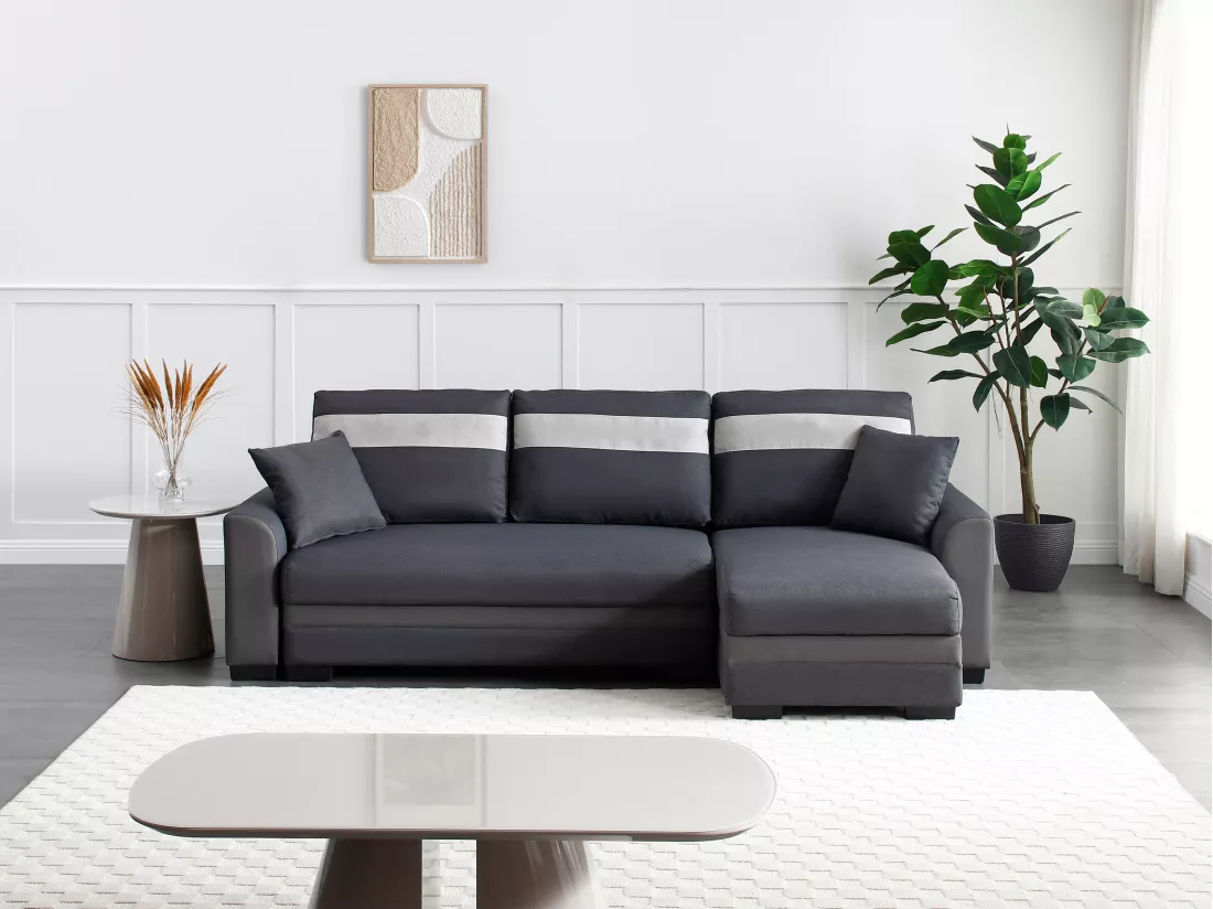 Canapé d'angle réversible et convertible en tissu et simili anthracite GIANY II
