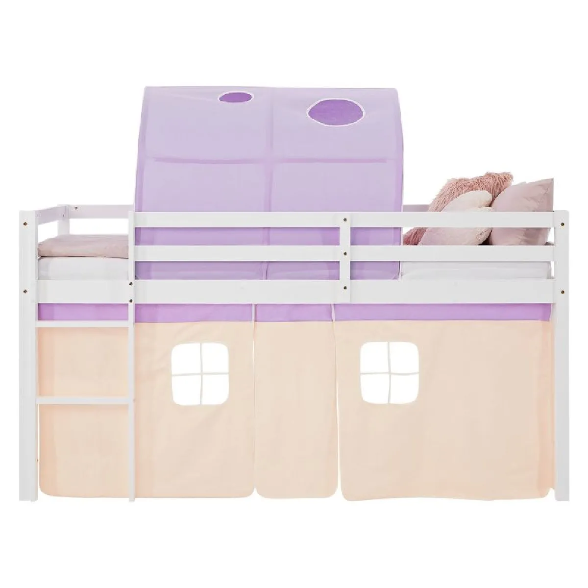 Homestyle4U Lit mi-hauteur 90x200 cm avec sommier, tunnel et rideau violet