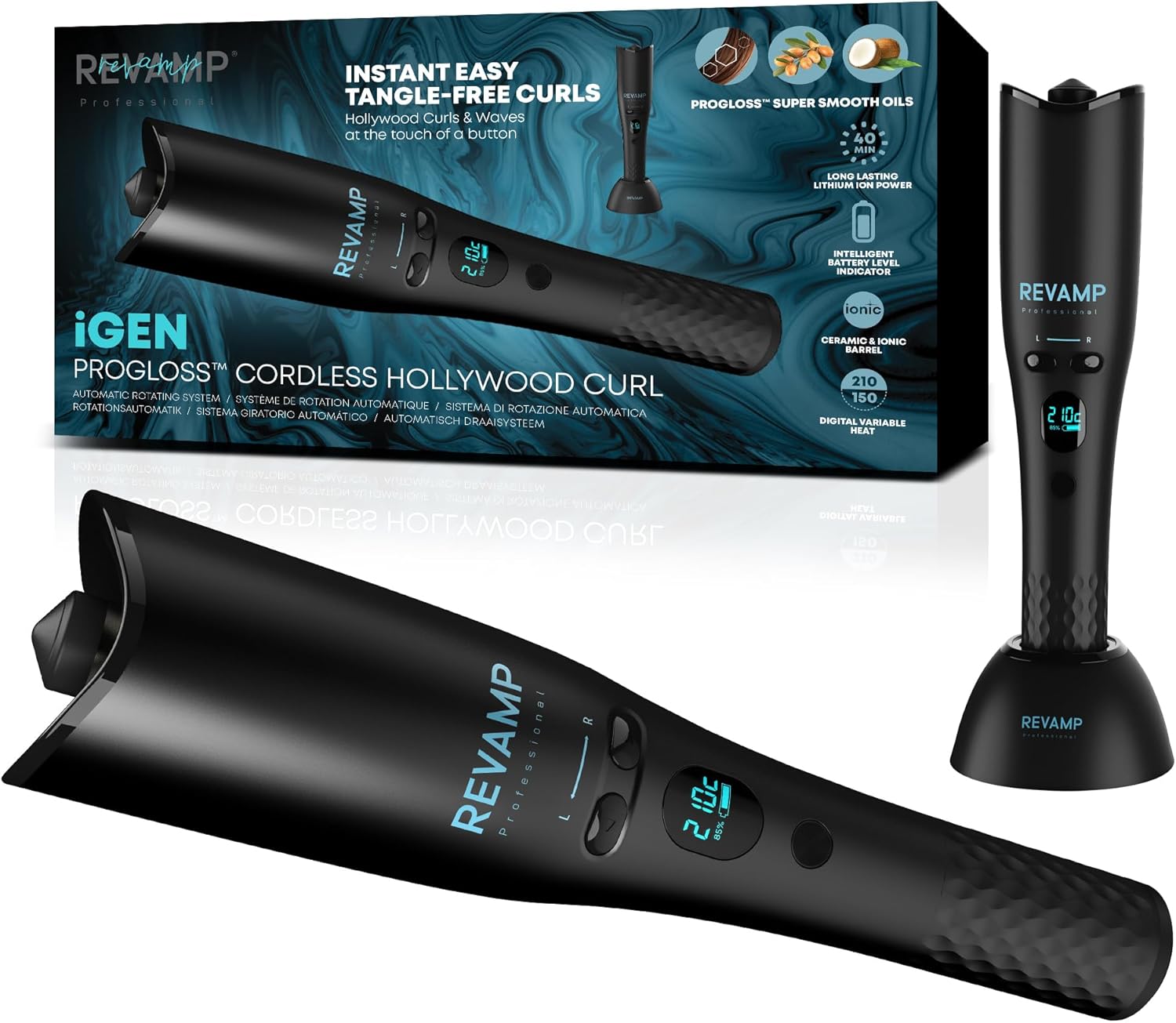 Revamp Friseur Rotatif Automatique iGen Progloss Sans Fil Hollywood Curl - Friseurs Automatiques Effet Ondulé, Cheveux Bouclés Soyeux, Fer à Friser à Options Chauffage Variables