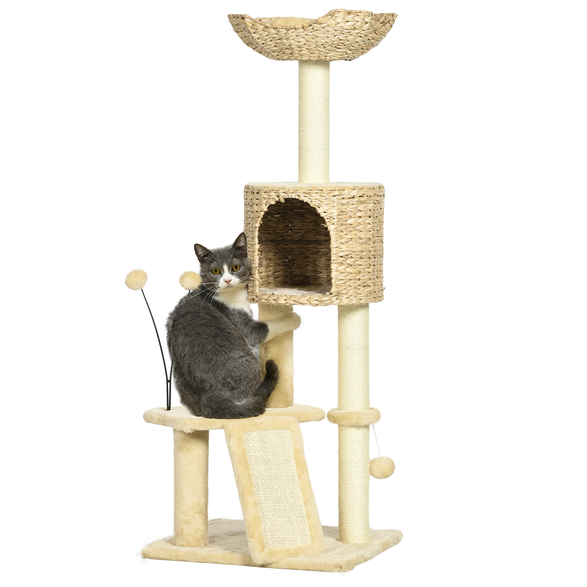 Árvore arranhadora para gatos PawHut de 116 cm, torre para gatos de interior com postes para arranhar, cama, caverna com catnip, rampa e bolas, 45 x 40 x 116 cm, bege