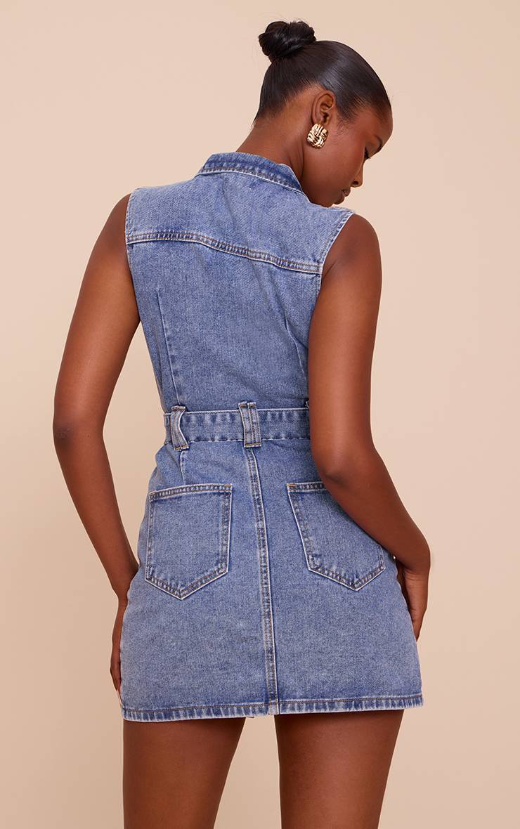 Bleu Clair Robe En Jean Utilitaire Avec Ceinture À Nouer