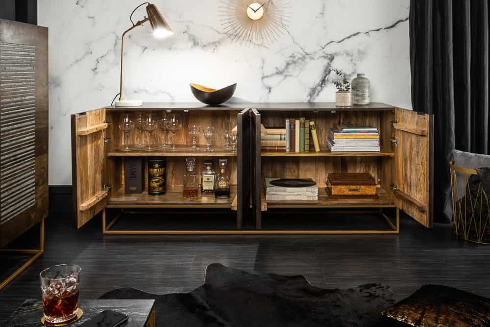 Massives Sideboard ONYX 180cm dunkelbraun Mangoholz Edelstein Achat gold Metallgestell