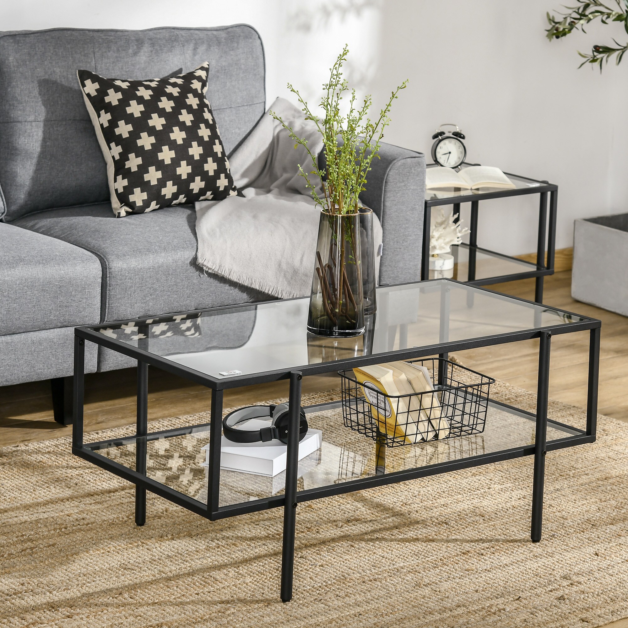 HOMCOM Beistelltisch mit 2 Regalen transparent, schwarz 100L x 55B x 45,5H cm