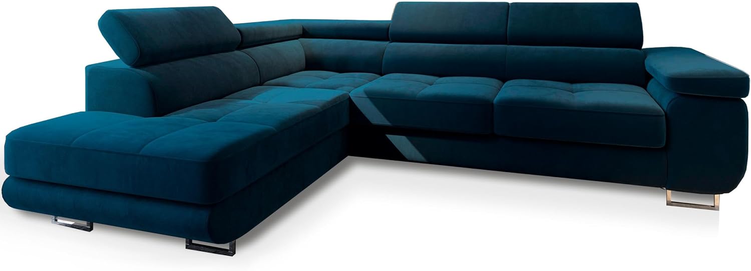 Masseno Ecksofa Selva L-S mit Schlaffunktion L-Form, Glamour Sofa mit Bettkasten, Wohnzimmersofa, Couch, Soffa, Bettsofa, Couchgarnitur - Blau, Monolith 77