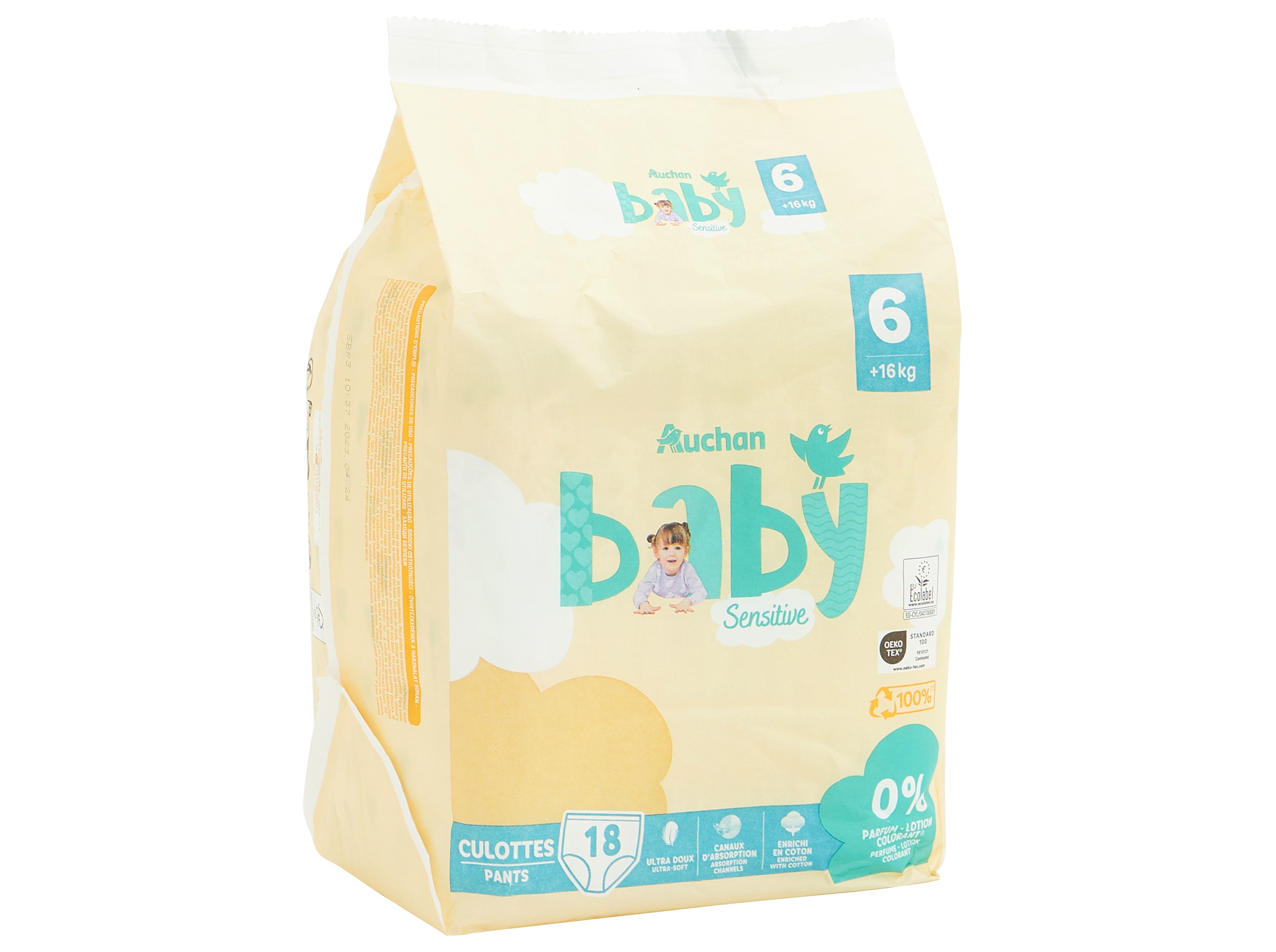 FRALDAS CUECA AUCHAN BABY SENSITIVE ECOLÓGICAS TAMANHO 6  16KG 18UN