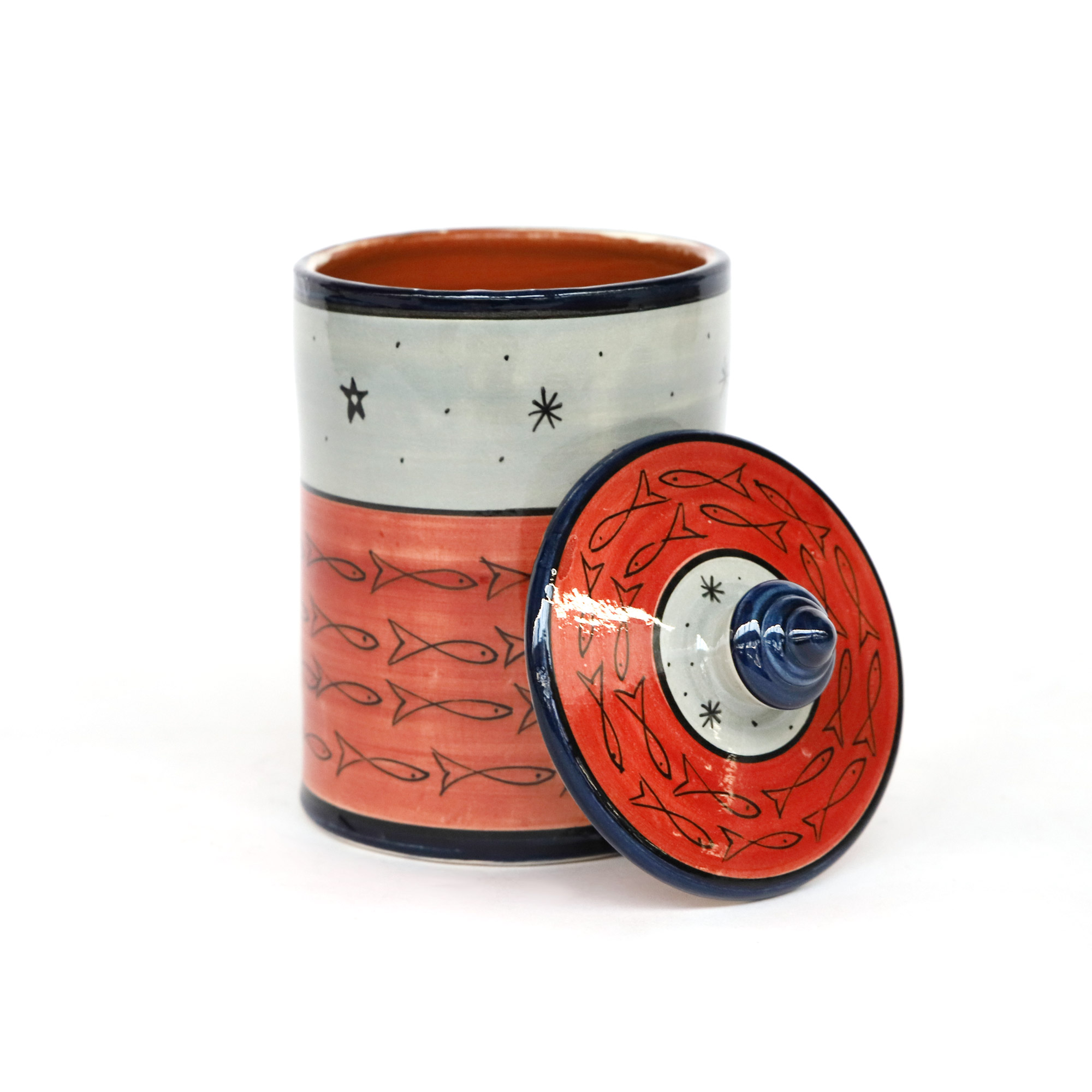 Deckelbehälter 'Fische', rot, blau, H 14 cm, Ø 10 cm von fischer's lagerhaus