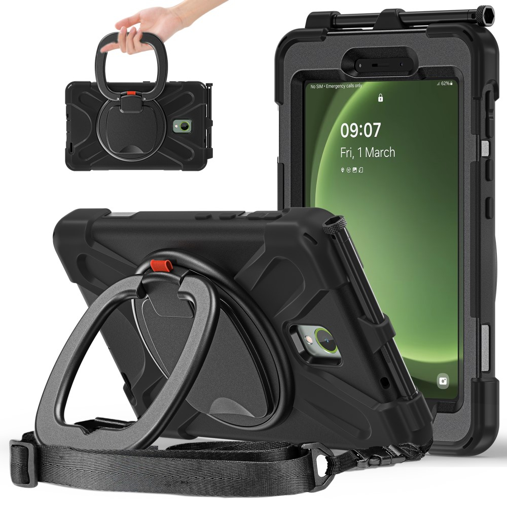 Samsung Galaxy Tab Active5 Hybrid Outdoor Silikon Case Hülle mit Aufsteller und Schultergurt - Schwarz