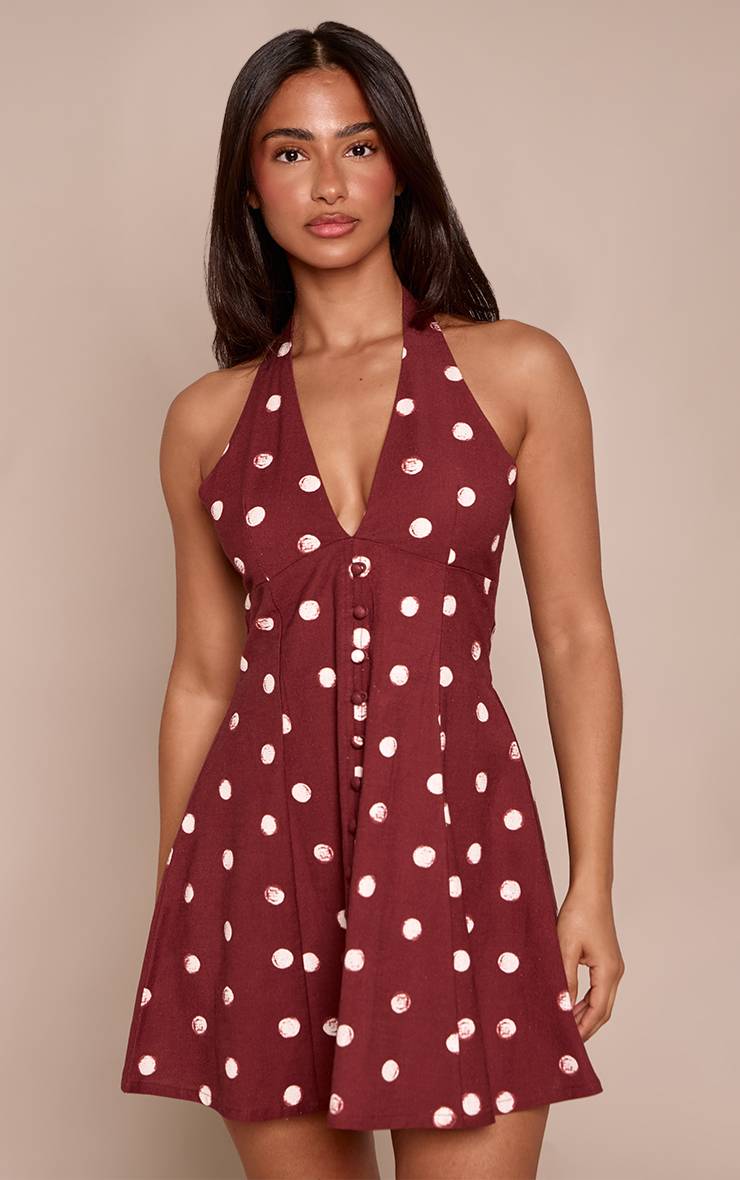 Chocolat Robe Courte Fluide Petite À Pois Avec Encolure Licou Et Boutonnage Aspect Lin