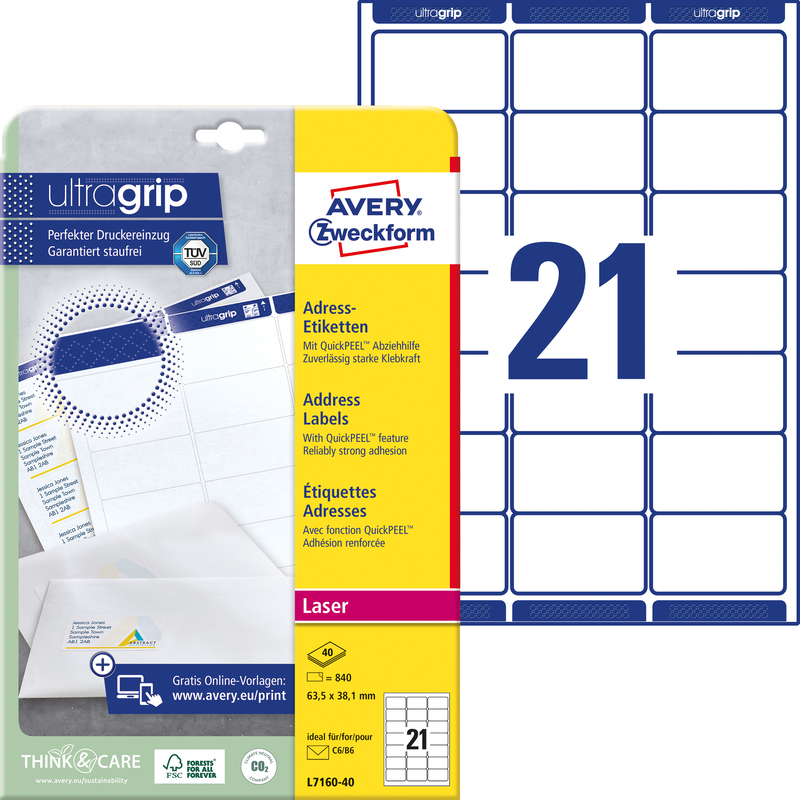 Avery Zweckform Etiketten, L7160-40, 63.5 x 38.1 mm, 40 Blatt