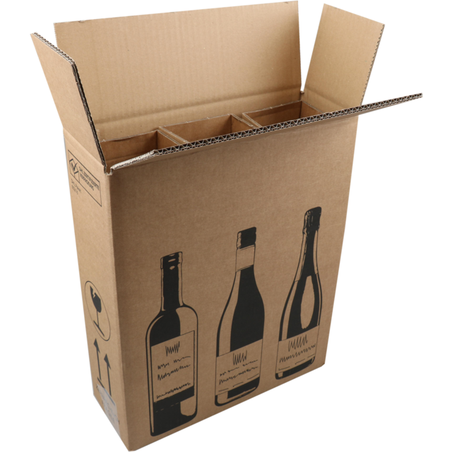 SendProof® Wijnverzenddoos, golfkarton, 3 flessen, 305x108x368mm, bruin/zwart