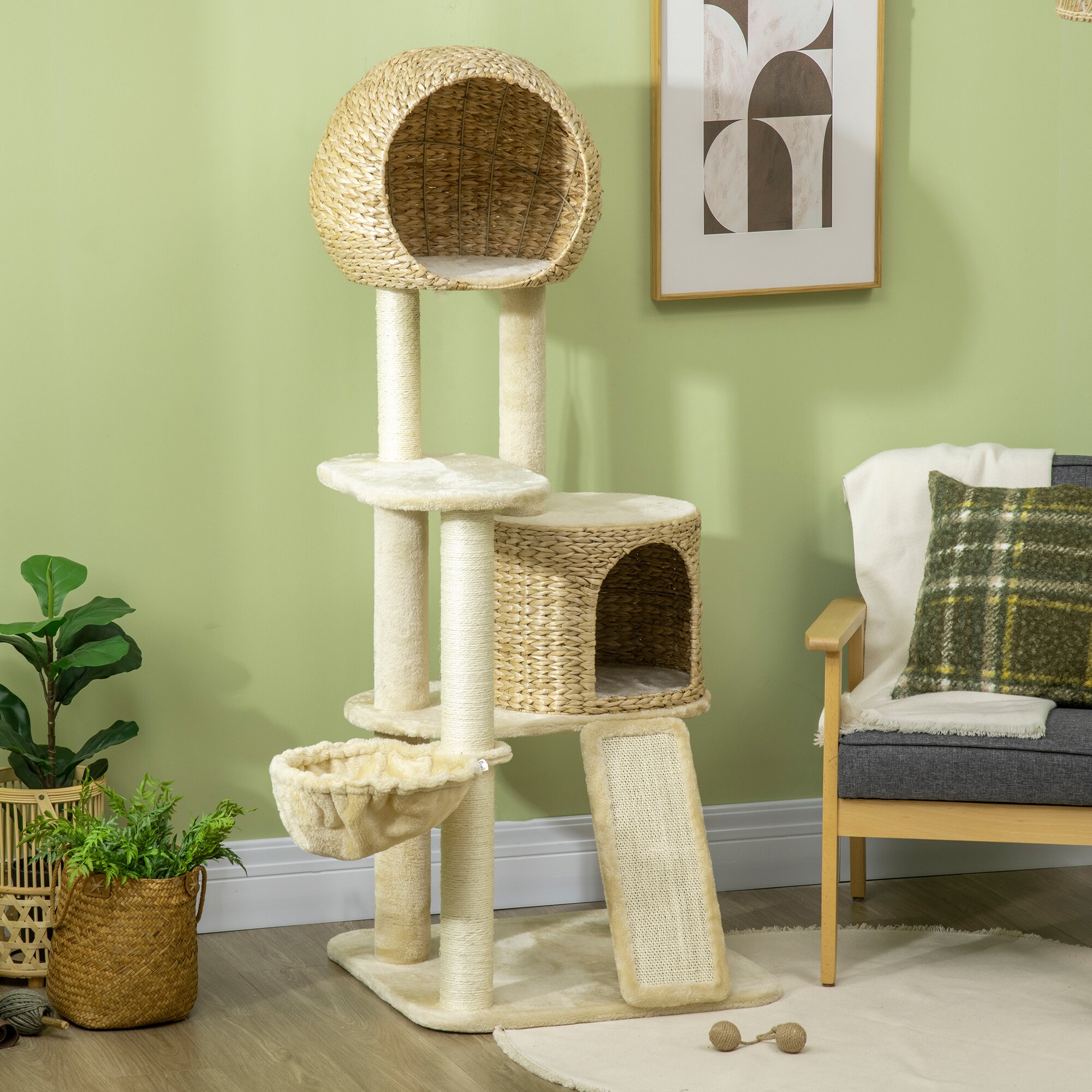 PawHut Kratzbaum mit Katzenhaus beige 60L x 60B x 150H cm