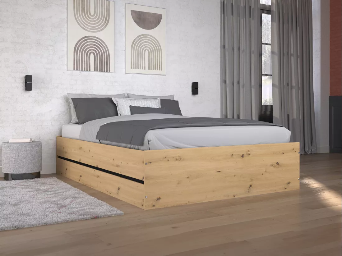 Lit coffre 140 x 190 cm - Coloris : Naturel et noir + Matelas - LUDARO