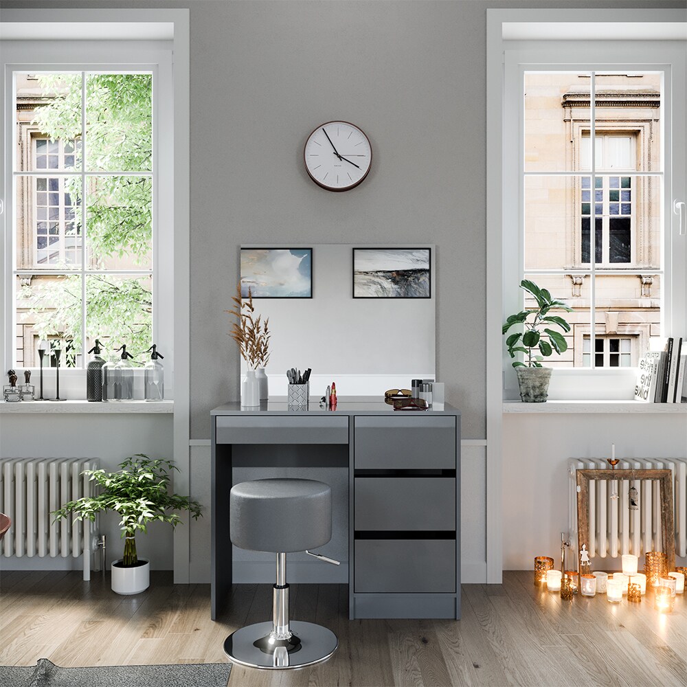 Vicco Schminktisch Sherry Grau Hochglanz, 90 x 75 cm, Spiegel, Hocker, Frisiertisch