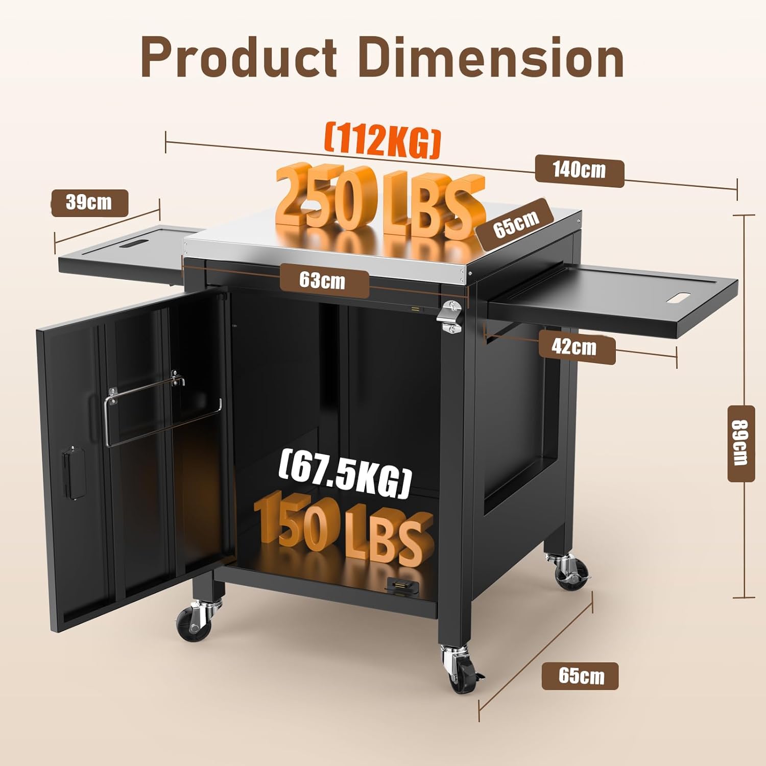 GFTIME Grillwagen 140x65x89cm Outdoor Küchenwagen, Tragbarer Servierwagen mit 2 Klappbarer Beistelltisch, Grilltisch für Onni Pizzaöfen, außenküche für Ninja Woodfire und Weber Q Serie, outdoorküche