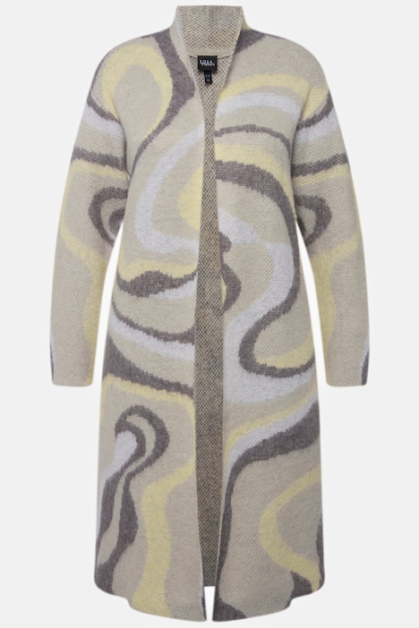 Long-Strickjacke, Jacquard-Strickmuster, offene Form