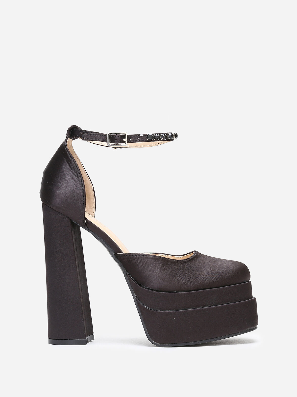 Escarpins satinés à plateforme et strass- Noir