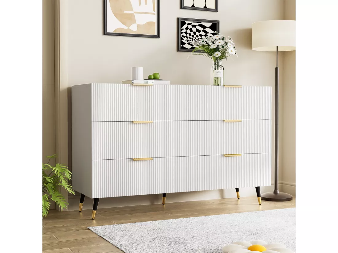 Commode avec 6 tiroirs - 120 x 40 x 77 cm - Panneaux de particules - pour salon, chambre - Couleur blanc