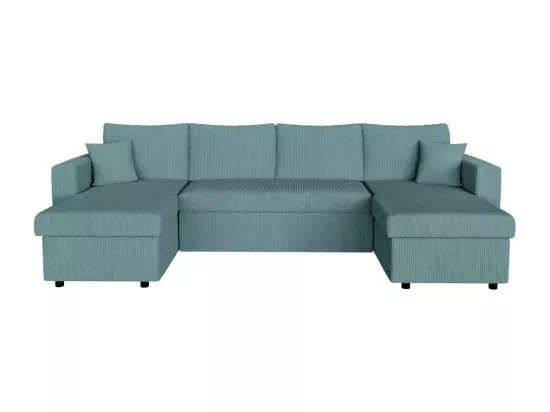 Canapé panoramique 6 places Maria convertible avec 2 coffres en velours côtelé - Bleu clair - L295 x P146 x H81cm - Loungitude