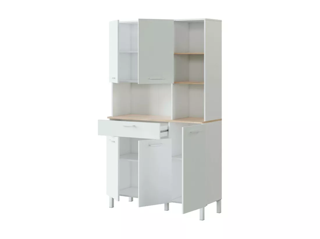 Armoire polyvalente Laredo, Armoire auxiliaire de cuisine, Buffet avec 5 portes et 1 tiroir avec étagères, Armoire ouverte, 108x40h186 cm, Blanc et Chêne