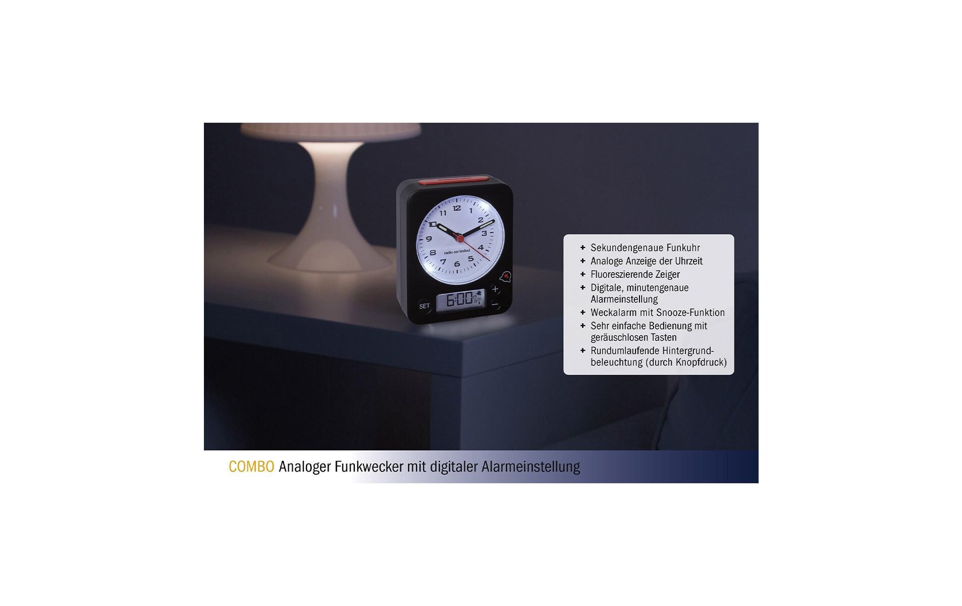 Funkwecker Combo Rot/SchwarzAnaloger Funk-Wecker mit digitaler Alarmeinstellung