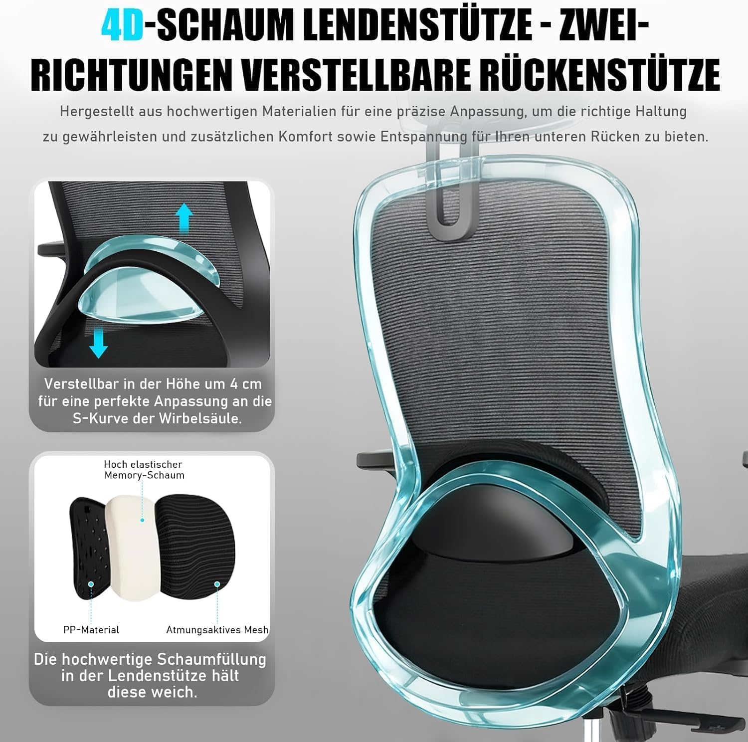 Bürostuhl, Ergonomischer Bürostuhl mit Verstellbarer 4D Lendenwirbelstütze, Schreibtischstuhl mit Kopfstütze, Drehstuhl mit 90°-130° Liegefunktion (Abschließbar), Netzstuhl bis 150KG, Schwarz