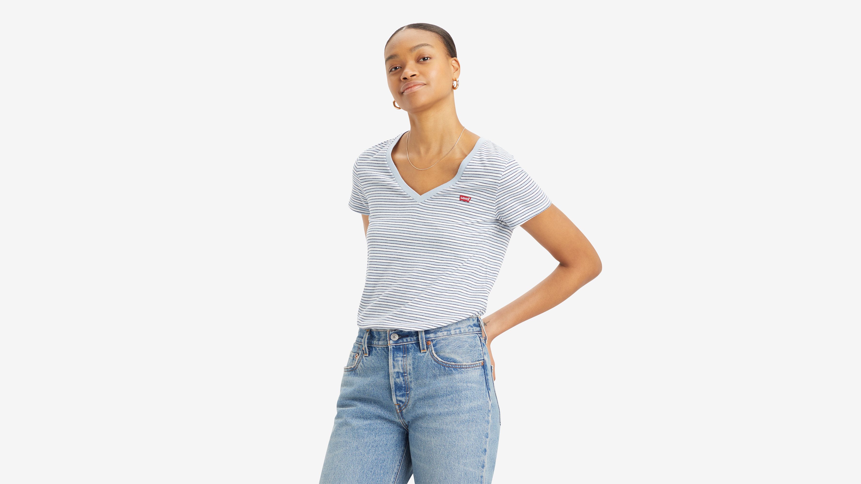 T-shirt Perfect col V - Penny Stripe Kentucky Blue - Bleu